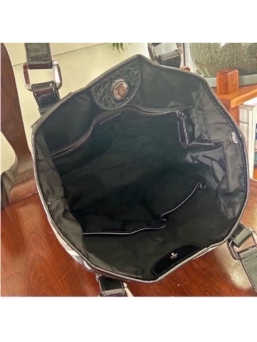 Burberry Black and Gray Plaid Messenger Tote with Patent Trim - Picture 6 of 13